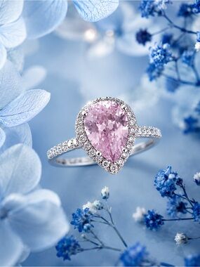 Pink Teardrop Halo Ring with Pavé Band size 7